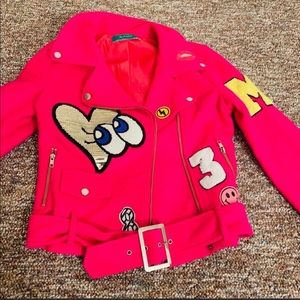 UNIQUE! Pink Motorcycle Jacket with Collegiate Letter, Patches, Sequined Heart